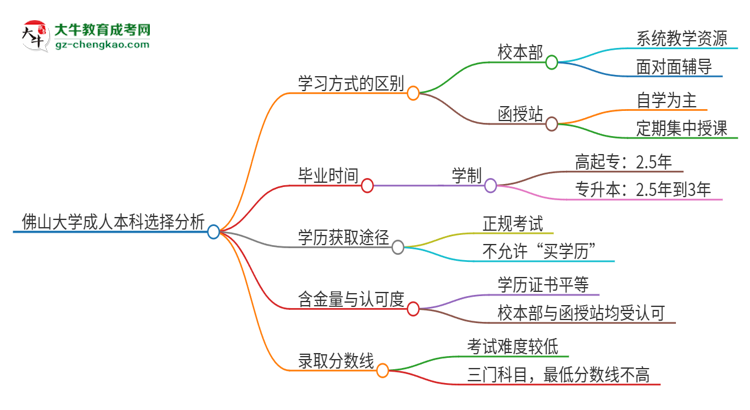 佛山大學(xué)2025年成人本科：校本部與函授站哪個(gè)好？思維導(dǎo)圖