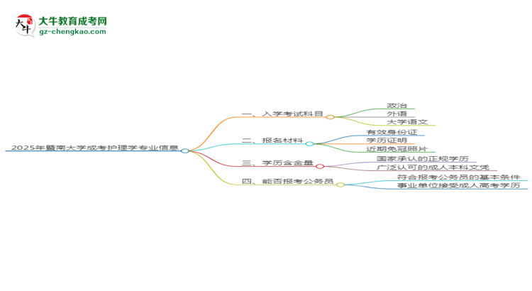 2025年暨南大學(xué)成考護(hù)理學(xué)專業(yè)入學(xué)考試科目有哪些？思維導(dǎo)圖