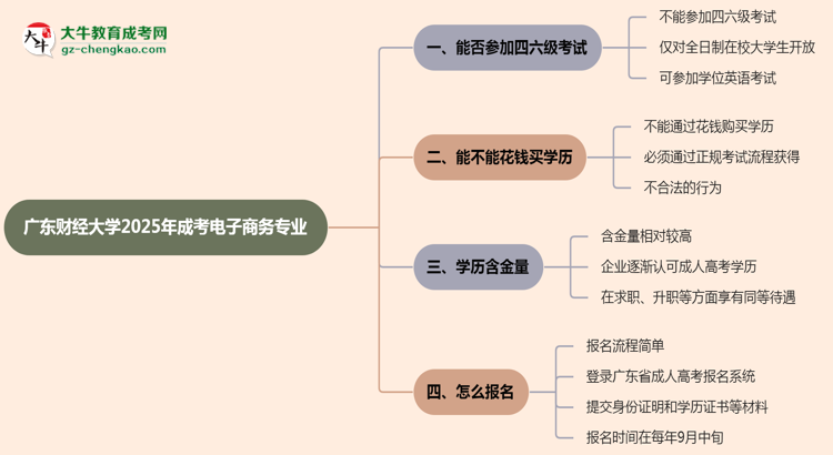 廣東財經(jīng)大學(xué)2025年成考電子商務(wù)專業(yè)生可不可以考四六級？思維導(dǎo)圖