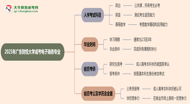 2025年廣東財經(jīng)大學成考電子商務專業(yè)入學考試科目有哪些？思維導圖