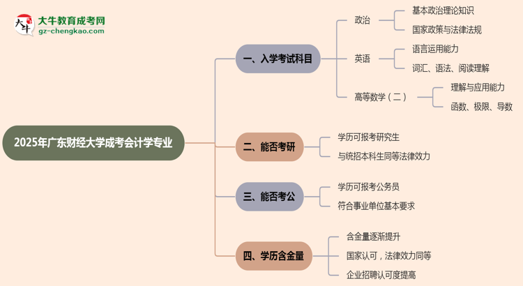 2025年廣東財經(jīng)大學成考會計學專業(yè)入學考試科目有哪些?思維導圖