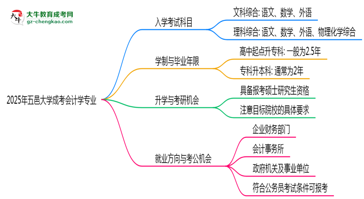 2025年五邑大學(xué)成考會(huì)計(jì)學(xué)專業(yè)入學(xué)考試科目有哪些？思維導(dǎo)圖