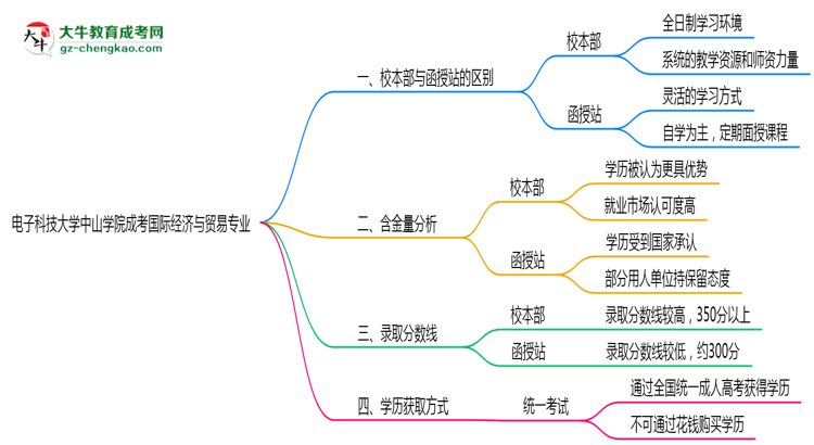 電子科技大學(xué)中山學(xué)院2025年成考國際經(jīng)濟(jì)與貿(mào)易專業(yè)校本部和函授站哪個更好？思維導(dǎo)圖