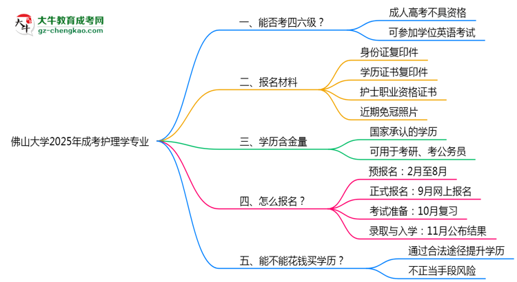 佛山大學(xué)2025年成考護理學(xué)專業(yè)生可不可以考四六級？思維導(dǎo)圖