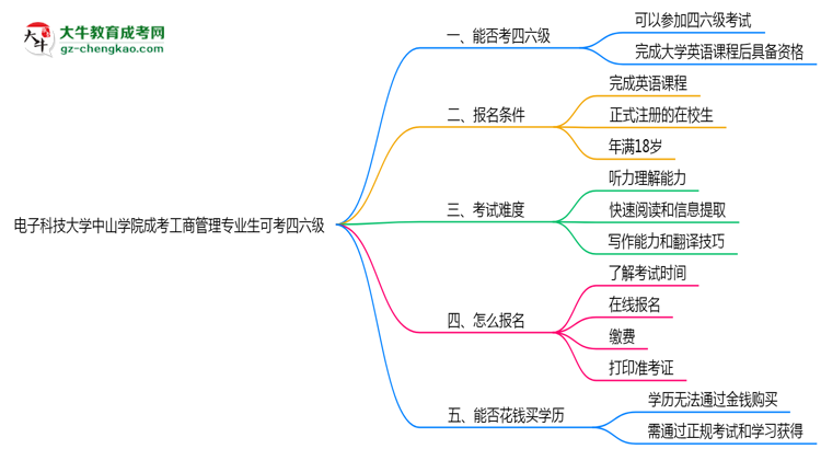 電子科技大學(xué)中山學(xué)院2025年成考工商管理專業(yè)生可不可以考四六級？思維導(dǎo)圖