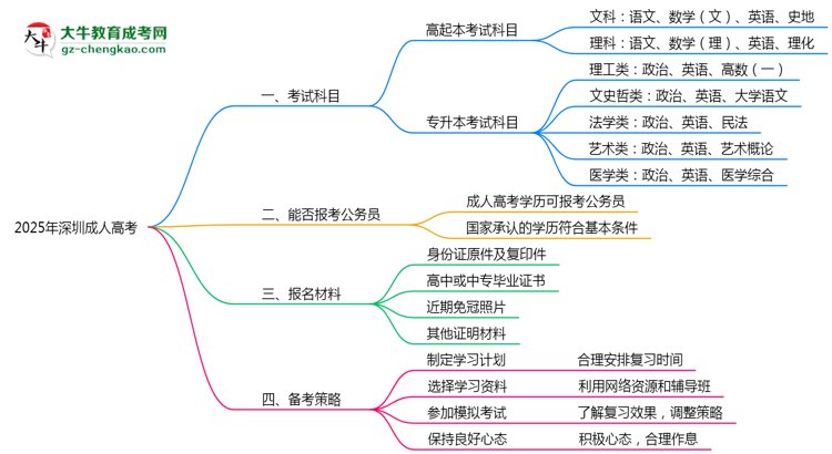 必看！2025深圳成人高考入學(xué)考試科目及備考策略匯總思維導(dǎo)圖