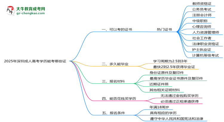 2025年深圳成人高考學(xué)歷能考哪些證？十大熱門證書盤點(diǎn)思維導(dǎo)圖