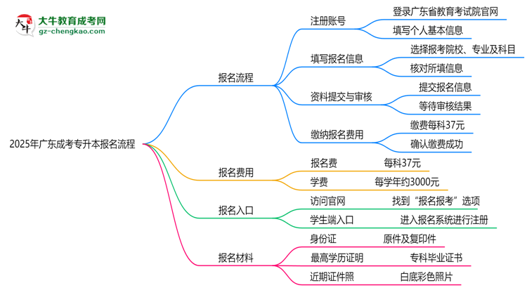 2025年廣東成考專升本報名流程：從注冊到繳費全指南思維導圖