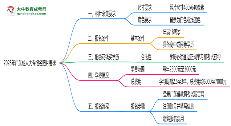 2025年廣東成人大專報名照片要求：尺寸+底色思維導(dǎo)圖