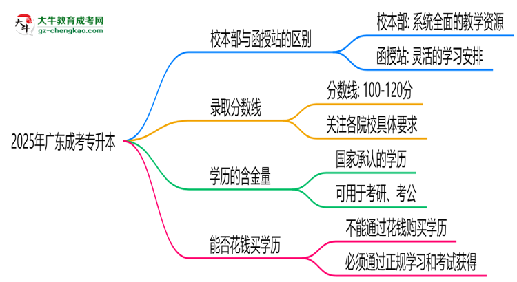 2025年報廣東成考專升本選校本部or函授站？區(qū)別解析思維導(dǎo)圖