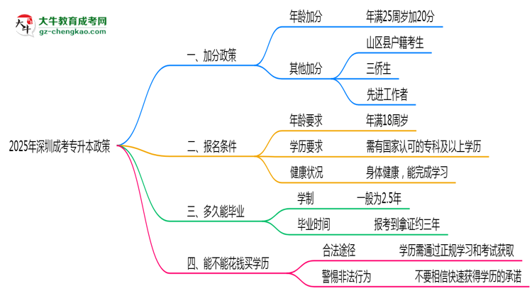 2025年深圳成考專升本加分政策適用人群及申報(bào)流程思維導(dǎo)圖