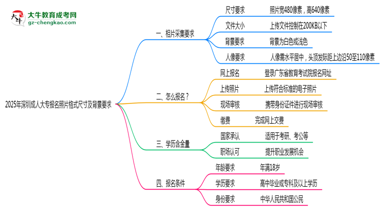 2025年深圳成人大專報名照片格式尺寸及背景要求思維導圖