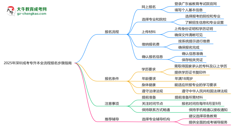 2025年深圳成考專升本全流程報名步驟指南思維導(dǎo)圖